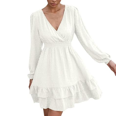 outfmvch white dress short sleeve  neck mini dress chiffon dot flowy