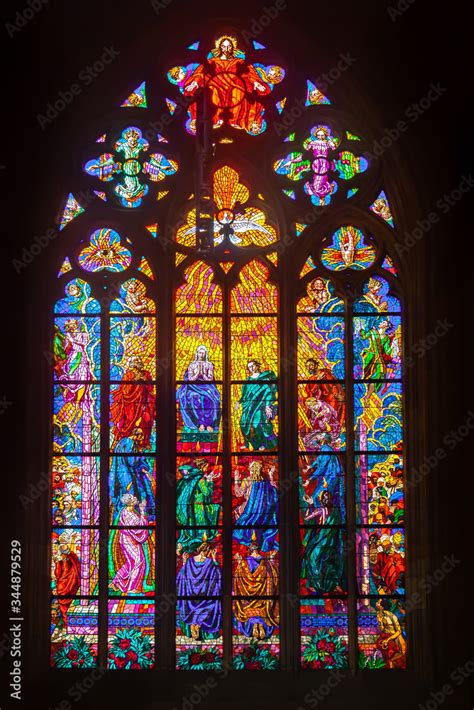 Colored stained glass windows of a medieval castle Stock Photo | Adobe ...