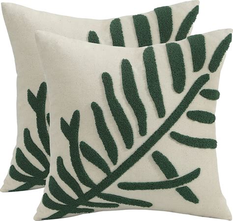 Tosleo Decorative Pillowcases 18x18 Inch Pack Of 2 Green Tropical Leaf Embroidered Throw Pillow