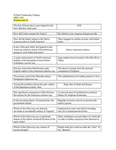 HIST 1301 Chp 1 Quiz 1 El Paso Community College HIST 1301 Practice