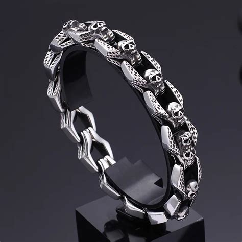 Men Skull Bracelets Stainless Steel Skulls Head Chain Bangle Bracelet