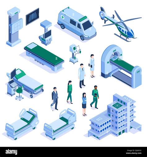 Hospital Building Medical Personnel Equipment Transportation Isometric