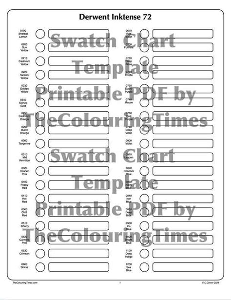 Derwent Inktense 72 Swatch Chart Template For Coloured Ink Pencils