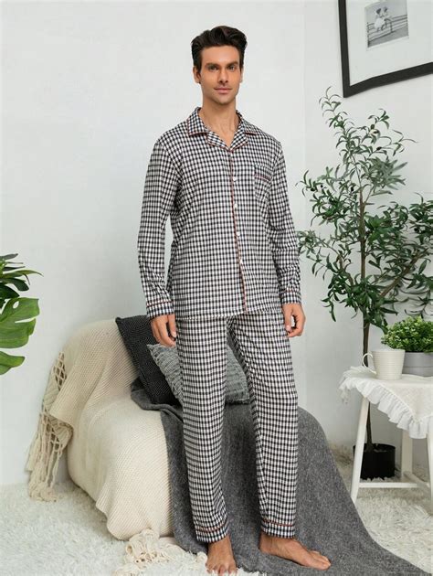 Men Plaid Print Contrast Piping Pj Set Shein Usa