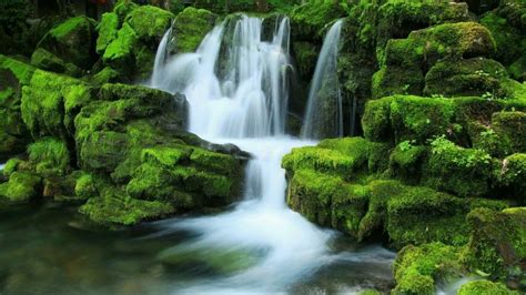 Nature Green Hd Wallpaper Cascading Waterfalls Rocks Covered With Moss Papel De Parede