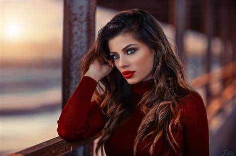 Face Red Lipstick Brunette Long Hair Portrait Bokeh Women