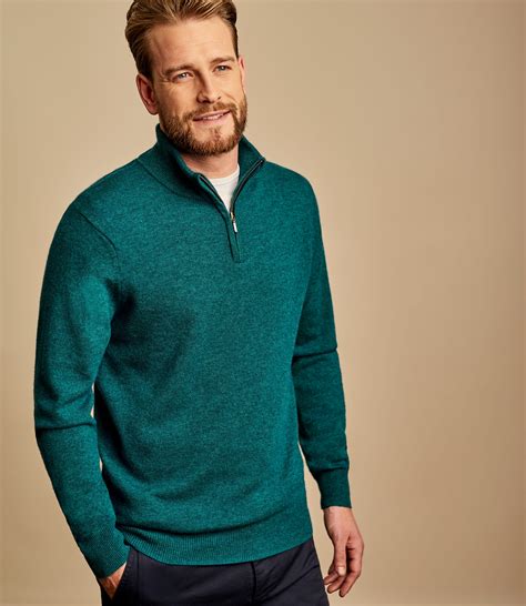 Deep Teal Marl Mens Cashmere Merino Zip Neck Jumper Woolovers Uk