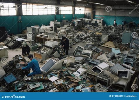 E Waste Recycling Center With View Of Workers Dismantling And Sorting