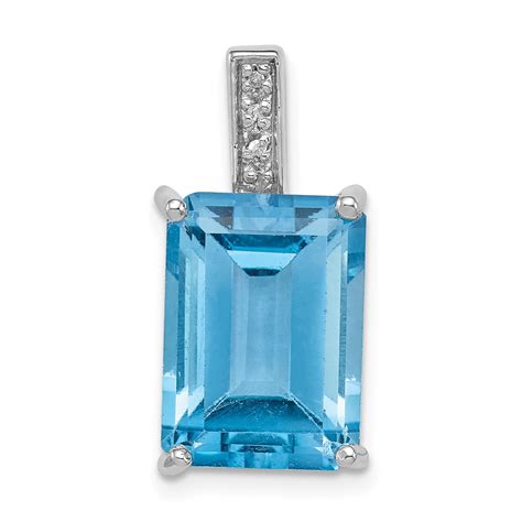 925 Sterling Silver Rhodium Emerald Cut Swiss Blue Topaz And Diamond