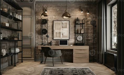 Modern office Interior with old vintage brick Wall. Art work business ...