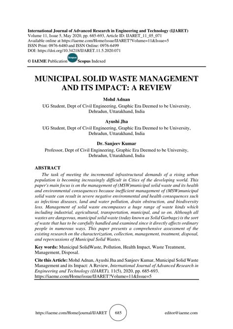 PDF Municipal Solid Waste Management And Its Impact A Review