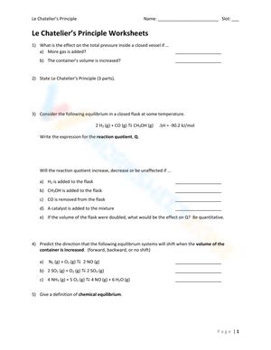 Le Chatelier S Principle Worksheets