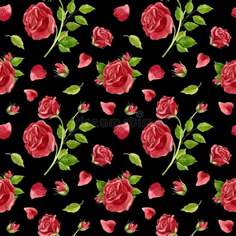 Red Roses Seamless Pattern Flowers Buds And Rose Petals Stock