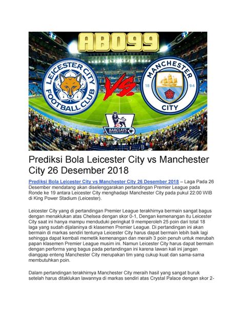 Prediksi Bola Leicester City Vs Manchester City Desember By