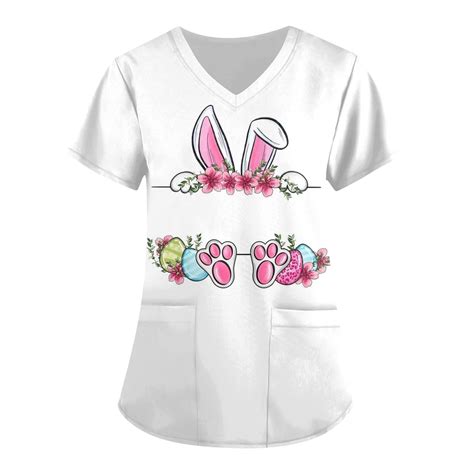 Knosfe Easter Scrubs Plus Size Rabbit Bunny Workwear Uniforms Scrubs Egg V Neck Short Sleeve