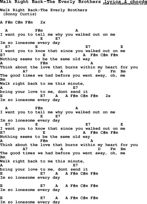 Love Song Lyrics Forwalk Right Back The Everly Brothers With Chords