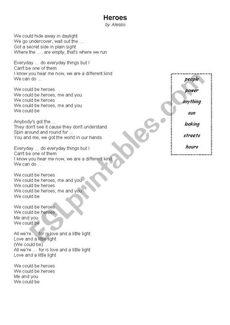 Heroes by Alesso - ESL worksheet by Andyclau