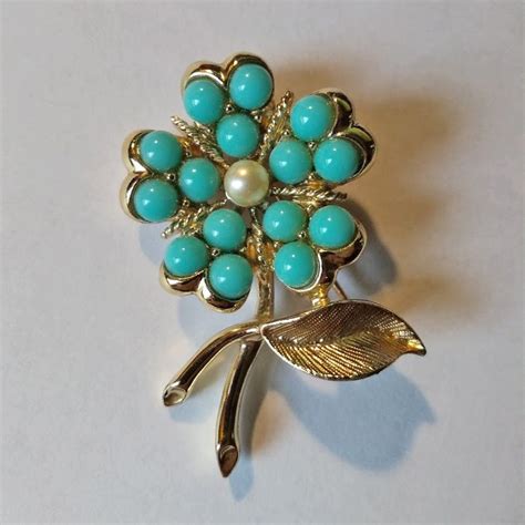 Vintage Sarah Coventry Turquoise Lucite Faux Pearl Gold Tone Flower