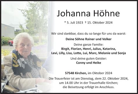 Traueranzeigen von Johanna Höhne rz trauer de