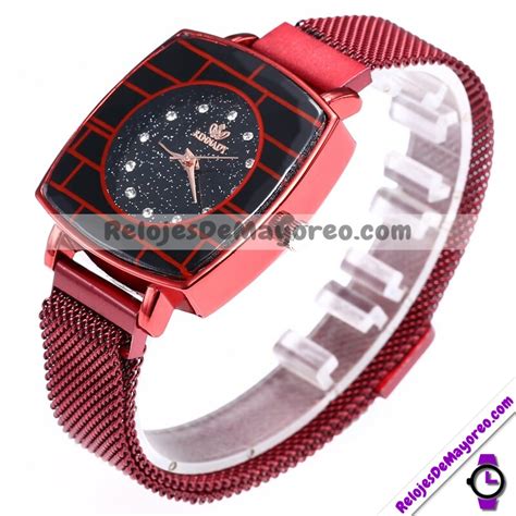 Reloj Diamantes Rojo Extensible Metal Mesh Imán Cuadrada R3254