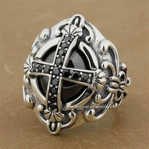 Sterling Silver Goth Big Black Cz Cross Gothic Punk Rock Mens Ring