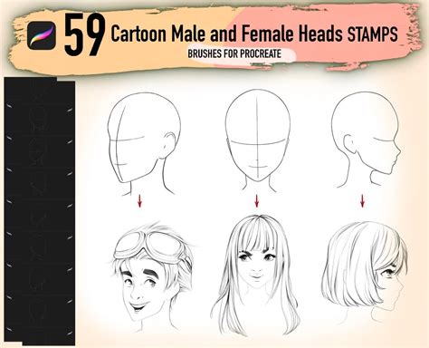 Cartoon Male And Female Heads Stamps Procreate Brushes Figures Stamps