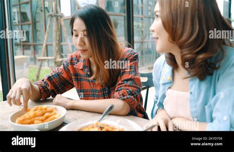 Beautiful Happy Asian Women Lesbian Lgbt Couple Sitting Each Side