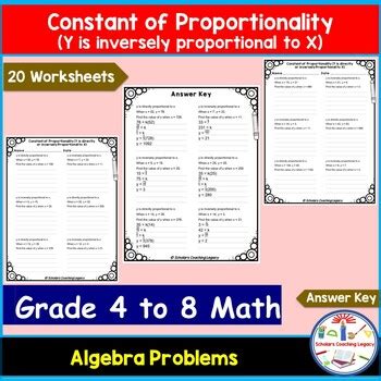 Constant of Proportionality, y is inversely proportional to x Worksheet ...