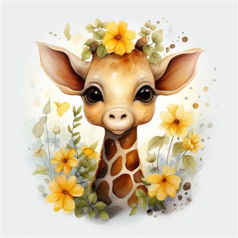 Premium Photo Cute Giraffe With Flowers On White Background