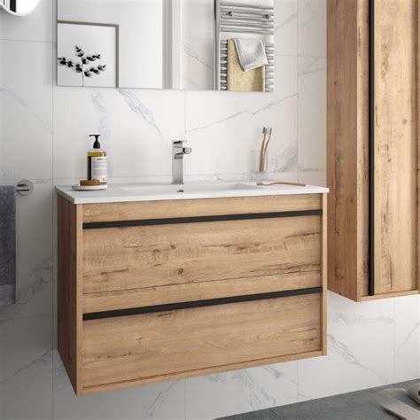 Mobile Bagno Sospeso Ador80 Rovere Ostippo Con Lavabo 2 Cassetti 80x45x54h