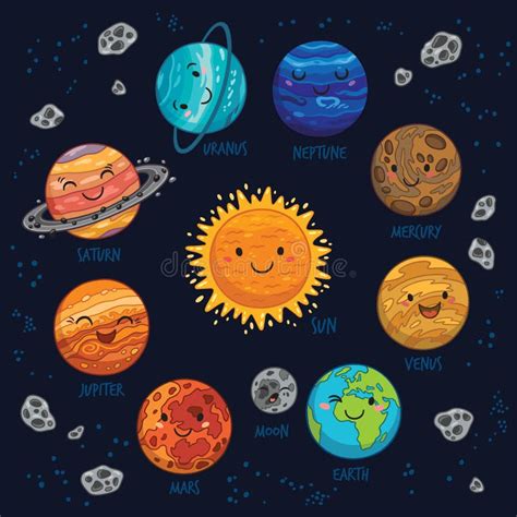 Cute Galaxy Space Solar System Elements Kawaii Moon Sun And Planets