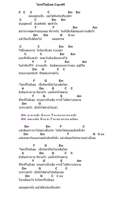 คอร์ดเพลง โลกที่ไม่มีเธอ ในปี 2024 เพลงกีตาร์ คอร์ดกีต้าร์ หนังสือเพลง