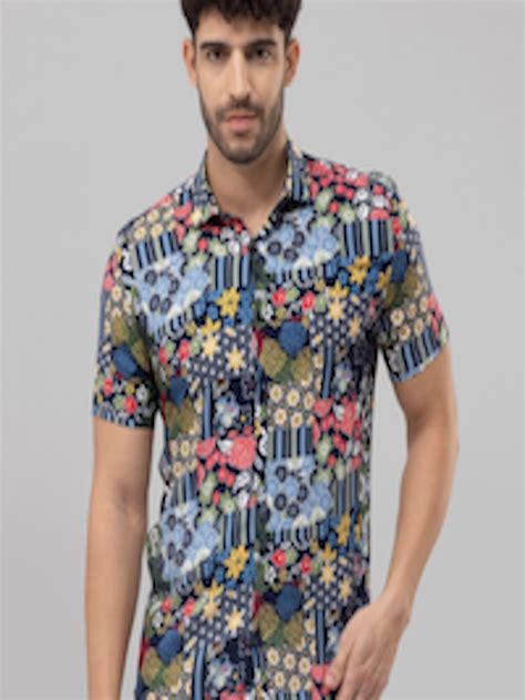 Buy Snitch Navy Blue Classic Slim Fit Floral Printed Casual Shirt