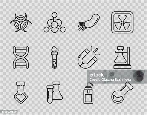 세트 라인 테스트 튜브 및 플라스크 화학 박테리아 생물 위험 기호 실험실 세척 병 및 스탠드 아이콘에 설정합니다 벡터 건강