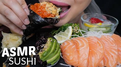 Asmr Sushi Black Rice Cone Spicy Salmon And Avocado With Salmon Sashimi No Talking Eating Sounds