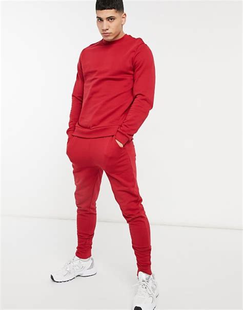 Asos Design Roter Trainingsanzug Mit Sweatshirt Und Eng Geschnittener