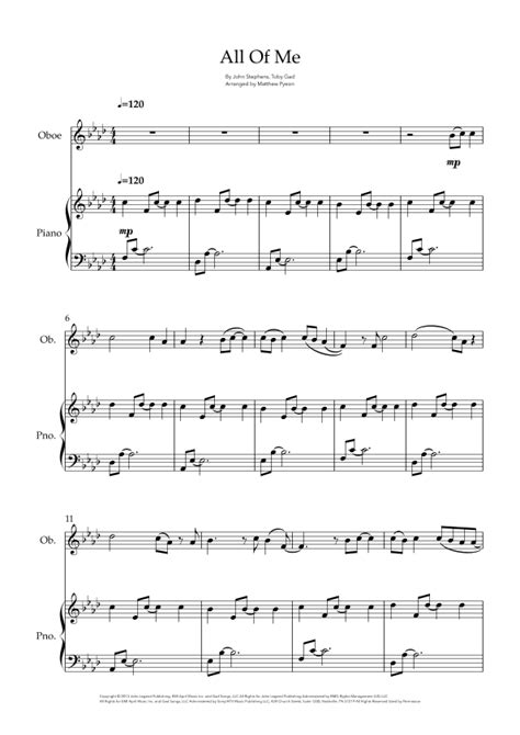 All Of Me Arr Matthew Pyeon By John Legend Sheet Music For Oboe And