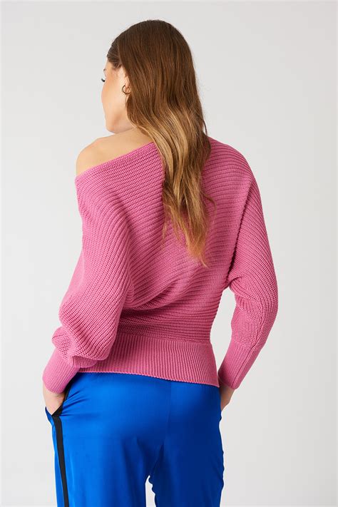 Off Shoulder Knitted Sweater Pink Na