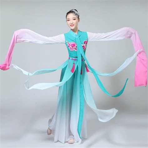 Hanfu Womens China Folk Dance Dresses Turquoise Gradient Color Fairy