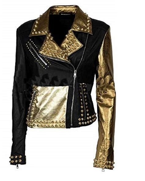 Handmade Women Gold Studded Leather Jacket Golden And Black Etsy