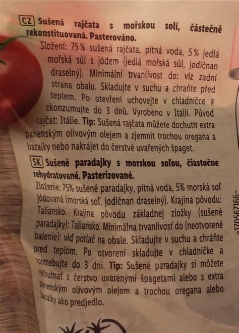 Sluncem sušená rajčata Baresa kalórie kJ a nutričné hodnoty