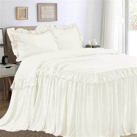 Hig 3 Piece Ruffle Skirt Bedspread Set Queen Ivory Color 30 Inches