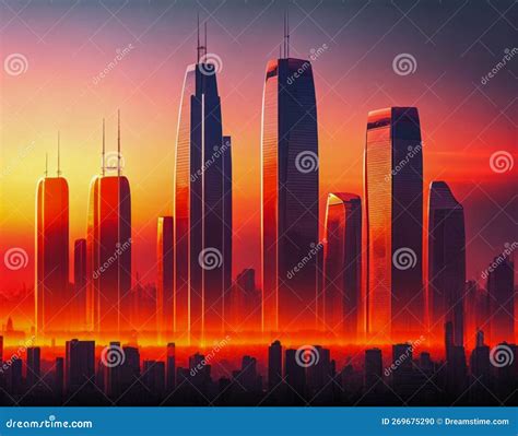 Sunset In The City With High Rise Buildings Architectural Innovations