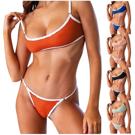 UTSJKR Sexy Contrast Binding Color Block Bandeau Thong Bikini Tube