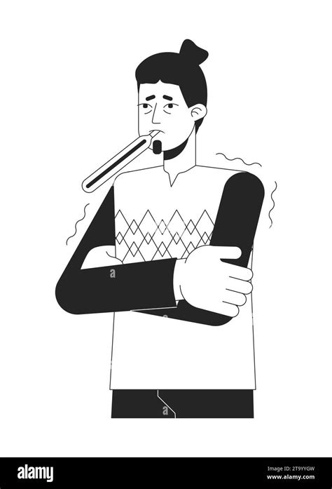 Flu Feverish Caucasian Man With Thermometer Black And White 2d Line