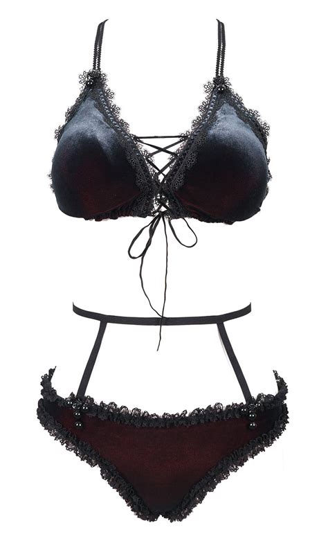 Maillot de bain noir 2pcs à broderie sangles et laçage lingerie élégant goth JAPAN ATTITUDE