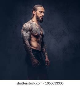 Portrait Muscular Naked Bearded Tattoed Male Stock Photo