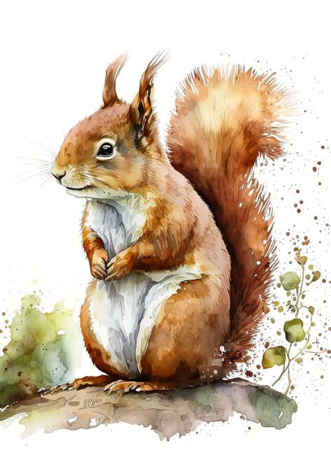 Squirrel Watercolor Poster Picture Metal Print Paint By Elly