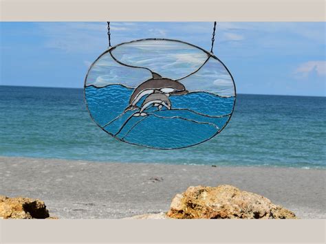 Playful Dolphins On Gulf Stained Glass Window Panel Dolphins Jumping In Ocean Stained Glass