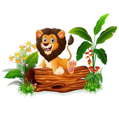 Premium Vector Cartoon Lion Sitting On Tree Trunk